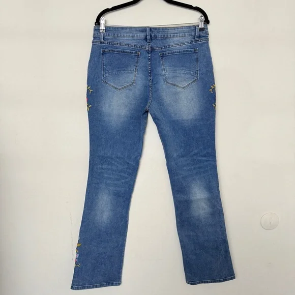 Flamingals Floral Embroidery Mid Waist High Stretch Bootcut Jeans with Pockets - Picture 6 of 7